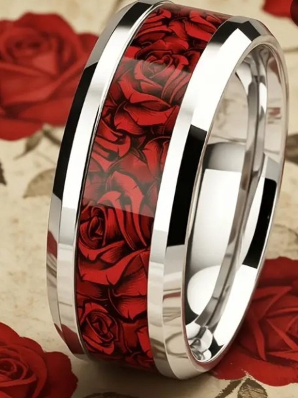 Red Rose Pattern Stainless Steel Fashion Ring - Size 7